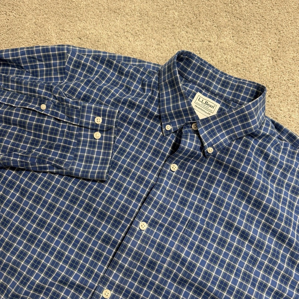 LL Bean Traditional Fit Shirt Mens Sz L Blue Plaid Long Sleeve Button Down Dress